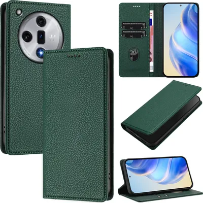 Produktbild von Litchi Leder Handyhülle für Oppo Find X7 Wallet Kartenfächer Standfunktion Hülle Grün