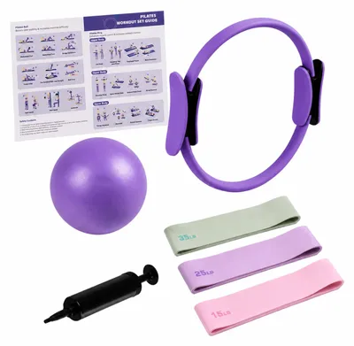 Obrázok produktu pre Relaxdays, súprava na pilates, 6-dielna, zahŕňa: kruh, loptu s pumpou, 3 odporové gumy rôznej sily, príslušenstvo na pilates pre domáce cvičenie, farba: fialová