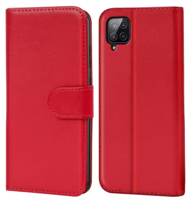 A red book-style phone case is shown open and closed.