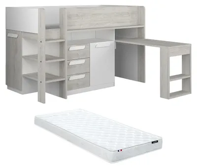 Produktbild von Zwischengeschossbett 90 x 200 cm - Mit Schreibtisch und mit Kommode - Weiß und Natur + Matratze - LOUKALA