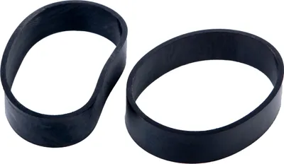 Two black rubber bands, possibly vacuum cleaner belts, are positioned on a white background.