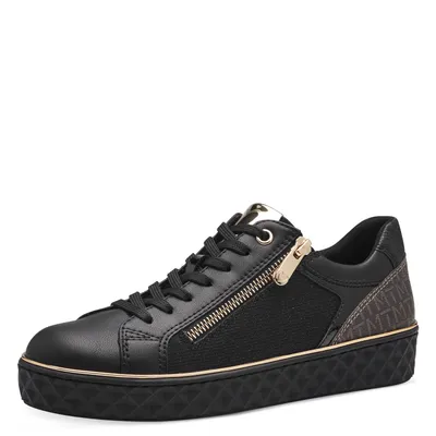 A single black sneaker with gold accents is shown against a white background.