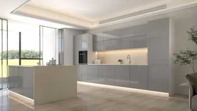 Produktbild von Inselküche - Kücheninsel - Küchenzeile - Einbauküche - Velmora – KÜ-AS-018 – 420 cm – Grau Hochglanz Ohne Arbeitsplatte & Elektrogeräte
