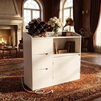 Produktbild von Sideboard, Küchenschrank mit Arbeitsplatte, Steckdosenleiste, 3 Schubladen 2 Türen, Ablageflächen, Modernes, Küche, Wohnzimmer, Weiß, 38 x 90 x 95 cm