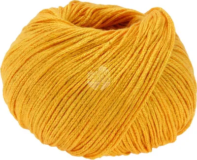 A ball of yellow yarn on a white background.