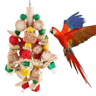 Produktbild von Papageienspielzeug für große Vögel, Natürliches Kauspielzeug aus Maiskolben, Maishülsen, Rattankugeln, Holz
