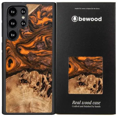 Imagen del producto de Funda de madera y resina para Samsung Galaxy S23 Ultra, modelo BEWOOD UNIQUE, color naranja y negro