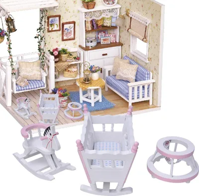 Immagine prodotto di 1:12 Accessori casa delle bambole Mini mobili casa delle bambole Culla di legno cavallo carrozzina Setwhite