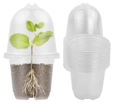 Productafbeelding van Kunststof plantenpotten set, 10 kweekpotten + 10 vochtkoepels, voor zaden en stekken