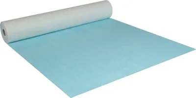 A roll of light blue protective sheeting is unrolled on a white surface.