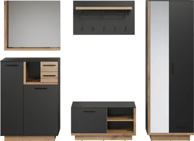 Produktbild von trendteam 5-teiliges Garderobenset Synnax Anthrazit Melamin/ Evoke Eiche Nachbildung B/H/T ca. 265/198/40 cm