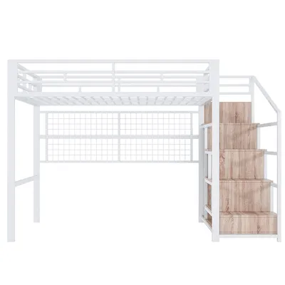 Produktbild von Merax Hochbett 140x200 cm mit Kleiderschrank und LED-Beleuchtung, Jugendbett Loftbett mit Stauraumleiter aus Metall, Doppelbett Weiß