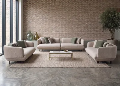 Zdjęcie produktu dla Komplet wypoczynkowy Bouclé, kremowy, beżowy, do salonu, nowoczesny, sofa, meble, tapicerka