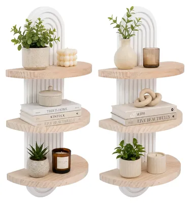 Productafbeelding van Relaxdays Wandplanken, set van 2, afmetingen (hoogte x breedte x diepte): 45 x 21,5 x 12 cm, hout, regenboogdesign, boho-stijl, zwevende plank met 3 legplanken, naturel/wit