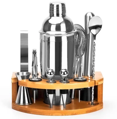 Cocktailshaker-Set 12-teilig, 750 ml, Edelstahl, mit Holzständer
