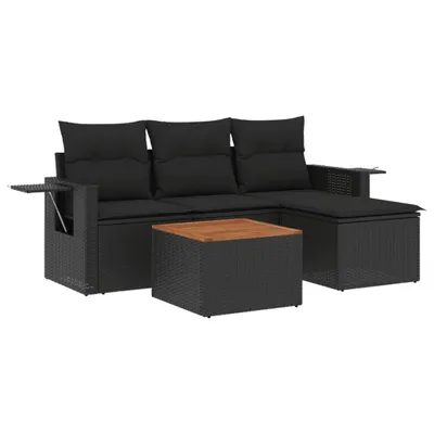 Produktbild von 5-tlg. Garten-Sofagarnitur mit Kissen Schwarz Poly Rattan