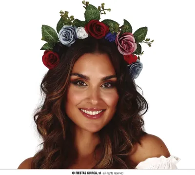 Produktbild von Haarreif mit bunten Blumen Rosen und Blättern