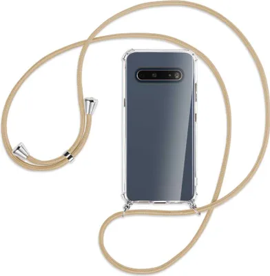 Produktbild von Handykette Backcover-Schutzhülle mit Band (Metall silberfarben) für LG V60 ThinQ - caramel