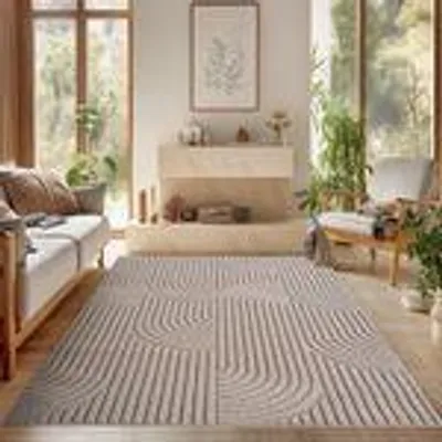 A living room with a sofa, a fireplace, and a rug.