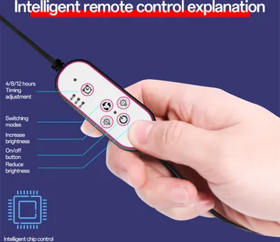 A hand holding a remote control with labels explaining its functions.