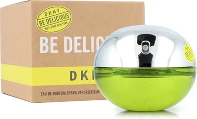 A bottle of DKNY Be Delicious perfume and its packaging are shown against a white background.