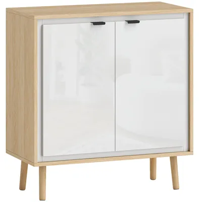 Immagine prodotto di Credenza Moderna 72x35x77 cm a 2 Ante con Ripiano Regolabile Bianco Lucido e Rovere