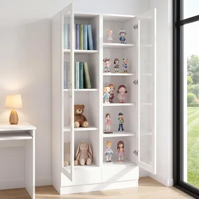 Produktbild von okwish Vitrine mit zwei Schubladen,Viel Stauraum, Hochschrank mit Glas-Schranktüren, Figurenschrank in Weiß
