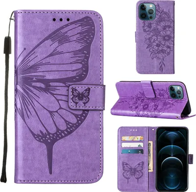 Produktbild von iPhone 12 Pro Max Hülle, Schmetterling Prägung Flip Leder Kartenfächer Schutzhülle Ledertasche mit Ständer für iPhone 12 Pro Max Violett