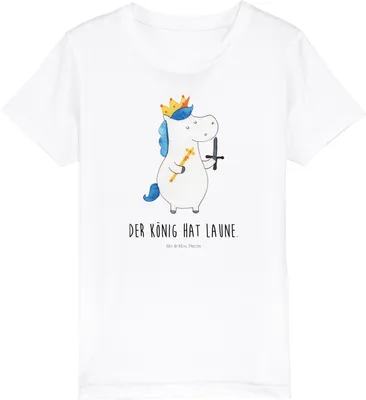 Produktbild von Mr. & Mrs. Panda Kindershirt Einhorn König mit Schwert 7-8 Jahre (122/128) - Weiß - Geschenk, Kleinkinder T-Shirt, Mittelalter, Kinder Baumwoll, Bio, Unicorn, Teenager
