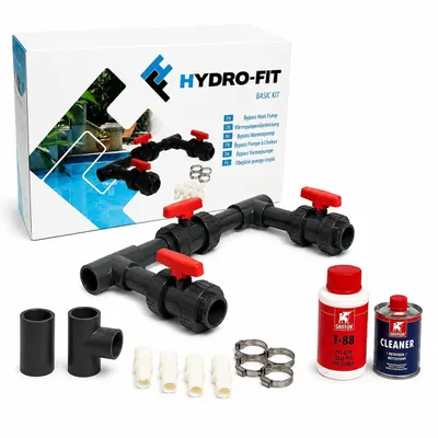 Produktbild von COIL Bypass-Kit für Schwimmbad-Wärmepumpen, universelles PVC 50 mm Basisset mit 3 Kugelhähnen, Griffon-Kleber und Reiniger – Selbstmontage