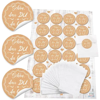 Produktbild von 24 kleine Papier-Tüten beige weiß creme-farben SCHÖN DASS DU DA BIST 7,5 x 10 cm + 24 runde Aufkleber 4 cm vintage nostalgie shabby Verpackung give-away Tischkarten HochzeitBeige