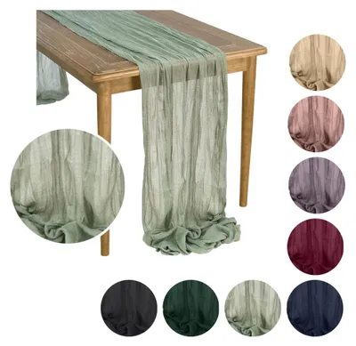 Produktbild von MEBLE ODNOWA BOHO Tischläufer aus Gaze Olivgrün 90×300 cm – elegante Tischdeko, maschinenwaschbar und pflegeleicht