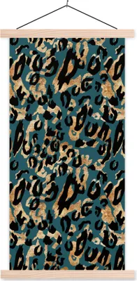 Produktbild von MuchoWow® Textilposter Pantherdruck - Schwarz - Braun - Türkis 60x120 cm mit holzfarbenen Rahmen - Holz