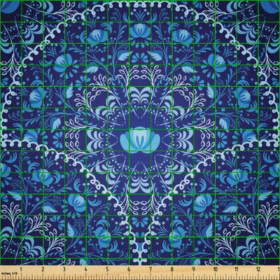 Immagine prodotto di ABAKUHAUS Tessuto in raso blu navy venduto al metro, motivi circolari e floreali in stile orientale, 2 m (148 x 200 cm), blu navy bianco blu
