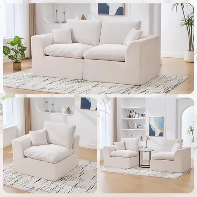 Image de Canapé deux places moderne en tissu – moelleux et confortable, avec coussins, style nordique décontracté, pour le salon et la chambre à coucher, velours côtelé, beige