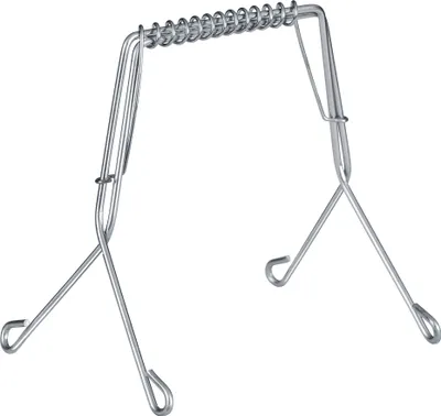 A silver metal kitchen tool for securing roasts.