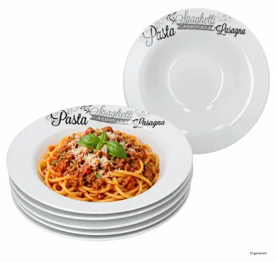Immagine prodotto di 6 piatti piani in porcellana, ideali per la pasta, diametro 23,5 cm, capacità 550 ml, decorati, adatti anche per zuppe, Immagine generata dall'IA