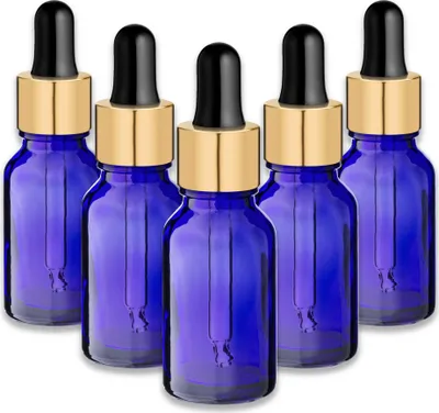 Produktbild von 5x Blaue Glasflasche 15 ml mit goldener Aluminiumpipette leer 18/415