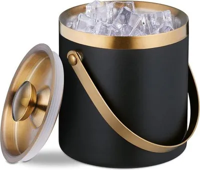 Produktbild von Eiseimer Doppelwandig mit Deckel und Henkel - Groß 15 Liter - Metall Eiseimer Schwarz/Gold