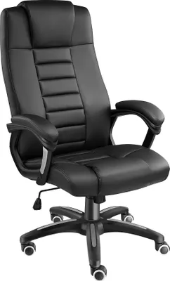 A black office chair is shown against a white background.
