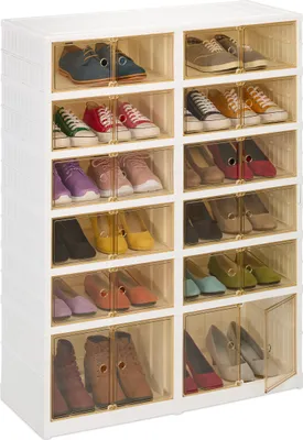 Produktbild von Relaxdays faltbarer Schuhschrank, HBT: 118 x 86,5 x 34,5 cm, für 24 Paar, Kunststoff, Schuhregal mit Rollen, weiß/braun