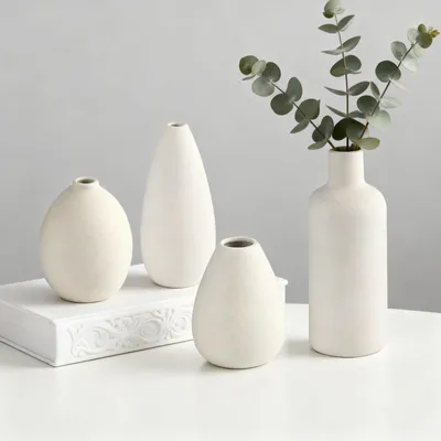 4er-Set weiße Keramikvasen, klein, für Trockenblumen, Tischdeko
