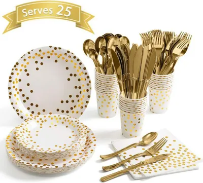 Produktbild von 145-teiliges Partygeschirr-Set: Pappteller, Servietten, Becher, wiederverwendbare Gabeln und Messer für Geburtstage und Feiertage