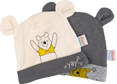 Produktbild von Disney Baby Mützchen  - 2er Pack - mit verschiedenen Motiven (Winnie the Pooh, Bambi, Dumbo) - , Größe:74-80, Farbe-Motiv:Winnie - dunkel grau