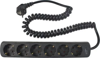 Productafbeelding van 6-Weg Stopcontactstrip met Spiraalkabel - 2,5 meter Kabellengte - Zwart