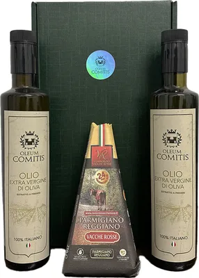 Produktbild von Oleum Comitis - Natives Olivenöl Extra 100% Italienisch - Geschenkbox mit 2 x 500 ml Flaschen und Parmigiano Reggiano DOP Vacche Rosse 24 Monate