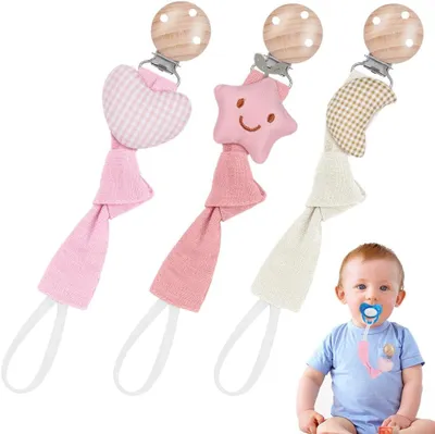 Immagine prodotto di Clip per ciucci Vicloon per bambini - 3 pezzi, catenina per ciucci in cotone per bambine e bambini - Catenina per ciucci, clip regalo per neonati