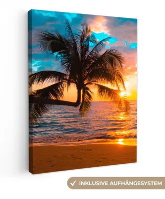 Produktbild von MuchoWow® - Leinwandbilder - Palme - Sonnenuntergang - Horizont - Strand - Meer - Tropisch, Wandbild, Wanddeko Bilder Wohnzimmer, 60x80 cm