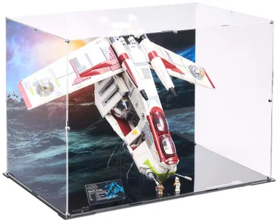 Zdjęcie produktu dla Czarna szklana witryna z nadrukowanym panelem tylnym, przeznaczona do zestawu LEGO® 75309 Star Wars – Republic Gunship™