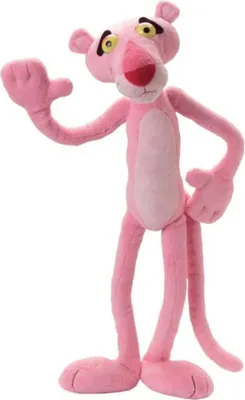 A plush toy of the Pink Panther standing against a white background.